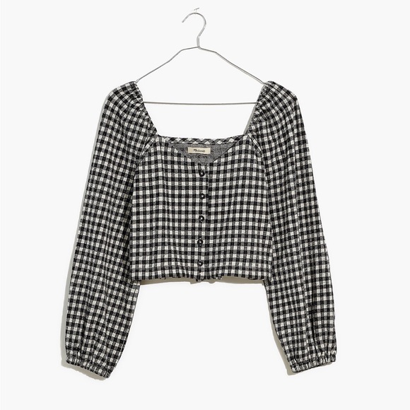 NWT Madewell Gingham Puff-Sleeve Button-Front Crop Top - Picture 9 of 11